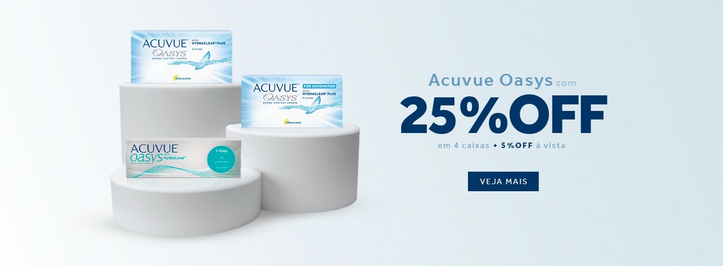 Lentes Acuvue Oasis com 25% de desconto na compra de 4 caixas. Mais 5% off pagando com Pix. Garanta sua visão clara com economia!