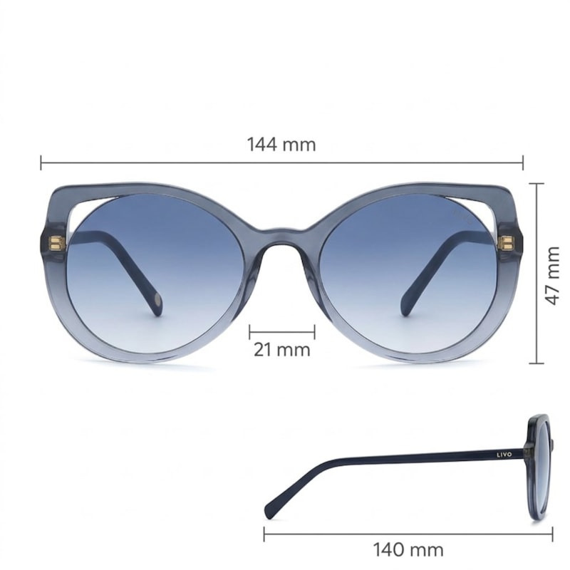 Dimensões Óculos Livo Wilma - Azul Cristal Degrade
