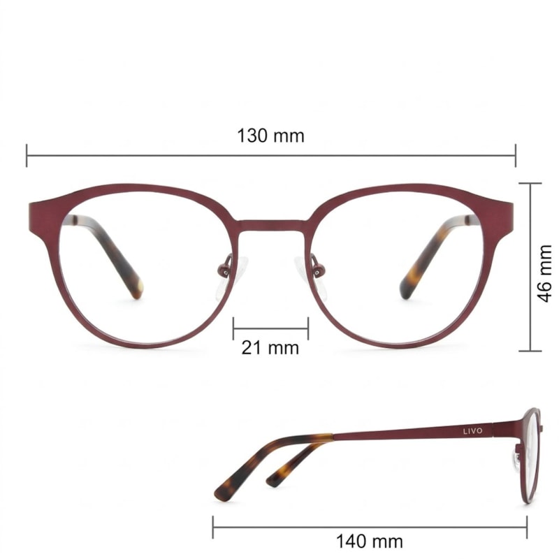 Dimensões Óculos Livo Murillo - Vinho + Demi Classico