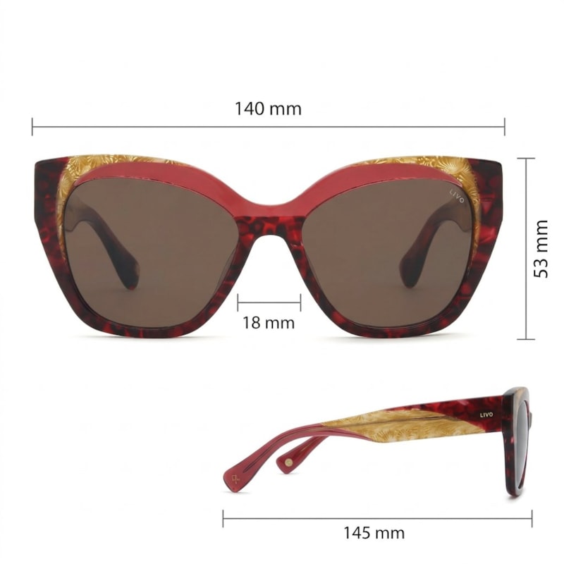 Dimensões Óculos Livo Dália - Demi Vermelho + Bege