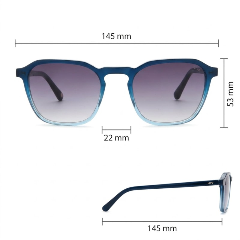 Dimensões Óculos Livo Marco - Azul Cristal Degrade