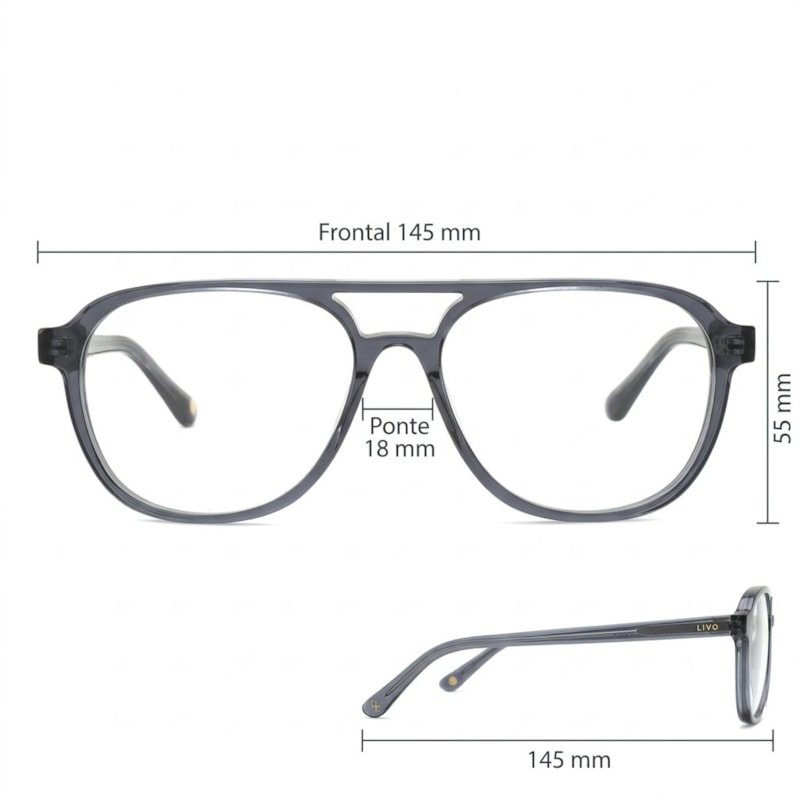 Dimensões Óculos Livo Peter - Cinza Escuro Cristal