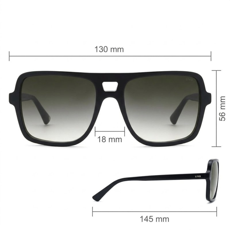 Dimensões Óculos Livo ELVIS - PRETO + LENTE VERDE