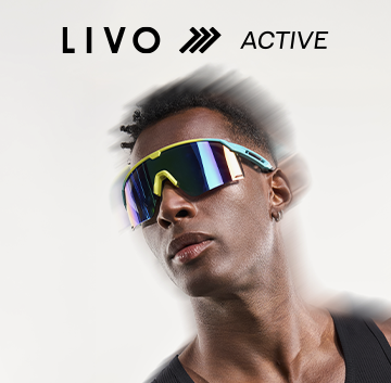 Lifestyle LIVO ACTIVE — modelo com óculos esportivos coloridos (mobile)