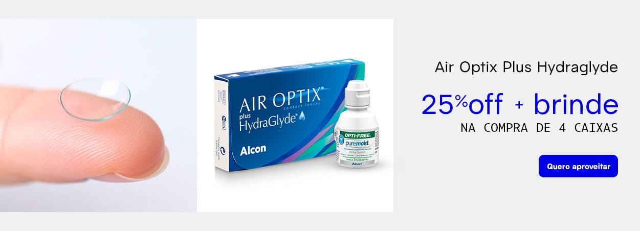 Lentes Air Optix Plus Hydraglyde com 10%OFF + 25%OFF e brinde no combo 4 caixas. Aproveite!